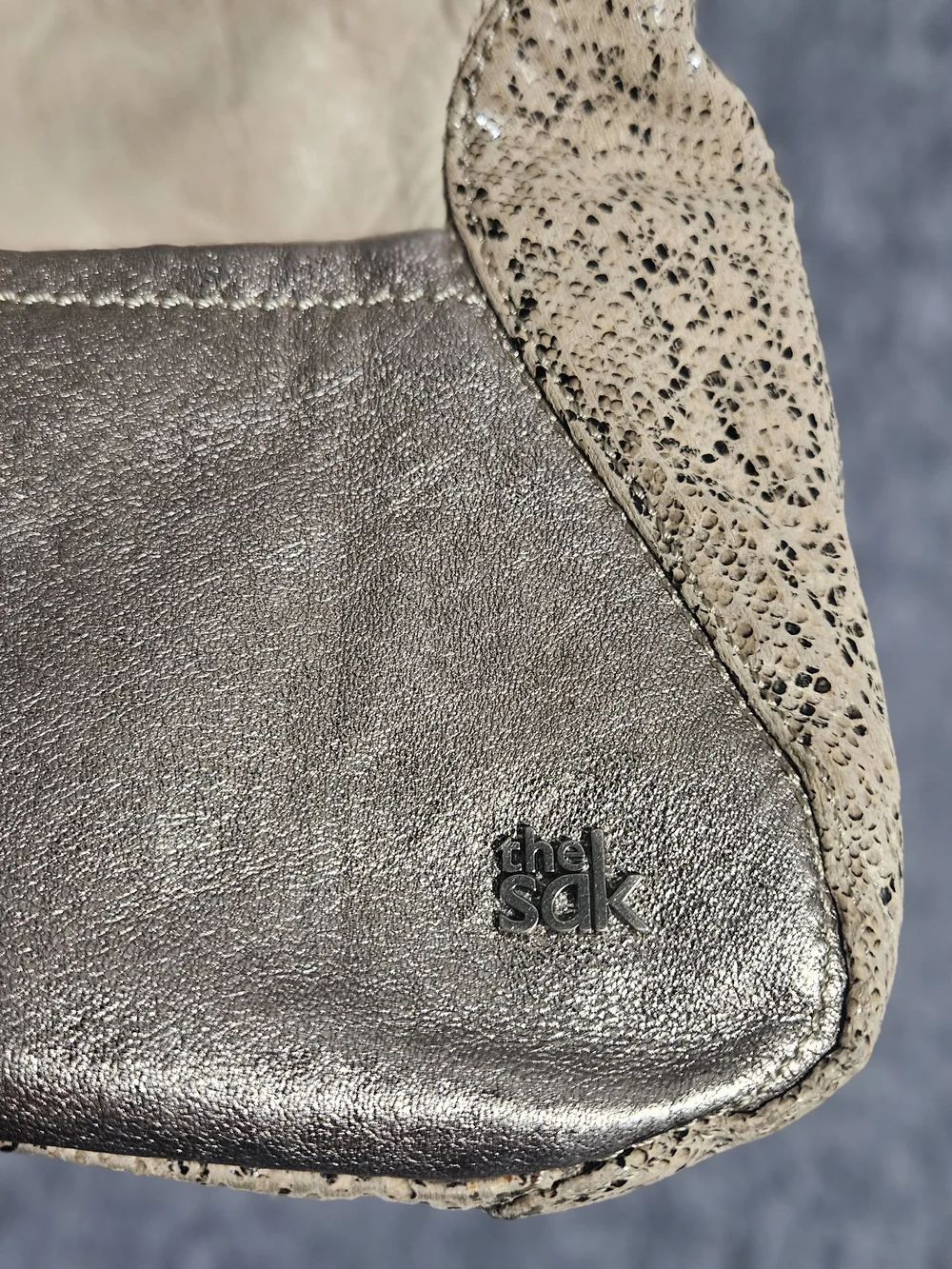 The Sak Metallic Taupe and Cream Leather Shoulder Bag